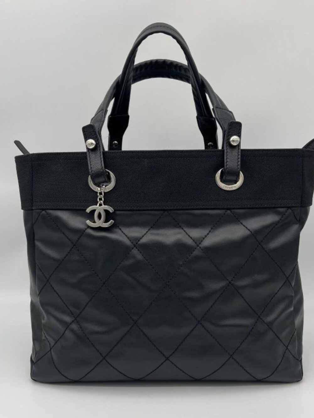 Chanel Paris Biarritz Tote MM 2-Way Nylon Leather Black Silver - Picture 2 of 15